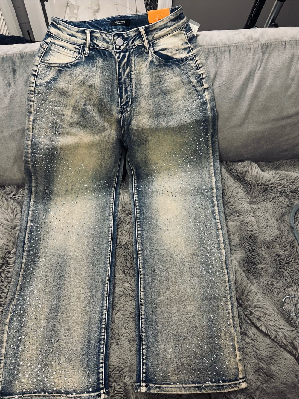✨ NWT American Bazi Rhinestone Wide-Leg Jeans — M
